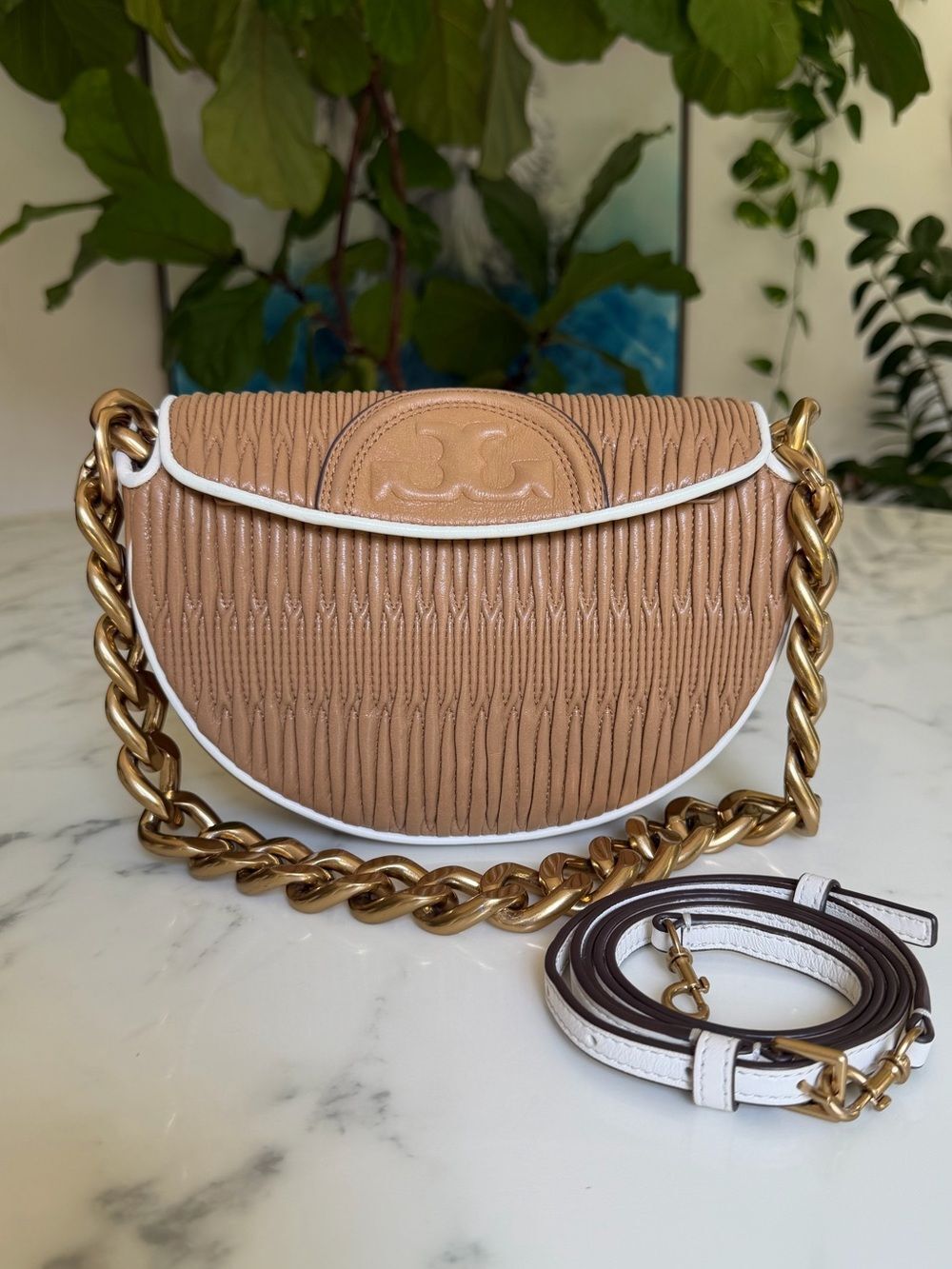 Tory Burch Fleming Soft Pleated Mini Crescent Bag Dusty Almond Leather w/ Chain